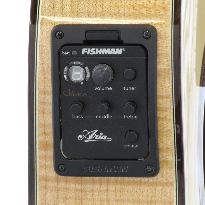 Aria A48CE, Fichte massiv / Ahorn, Thinbody, Cutaway, Pickup, 45mm Sattelbreite